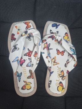 Lolita White Butterfly Print Knotted Sandals with Multicolor Accents